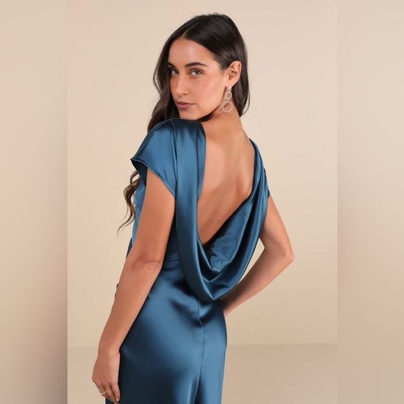 LULU’S Captivating Presence Dark Teal Satin Cowl Back Maxi Dress - Picture 5 of 5